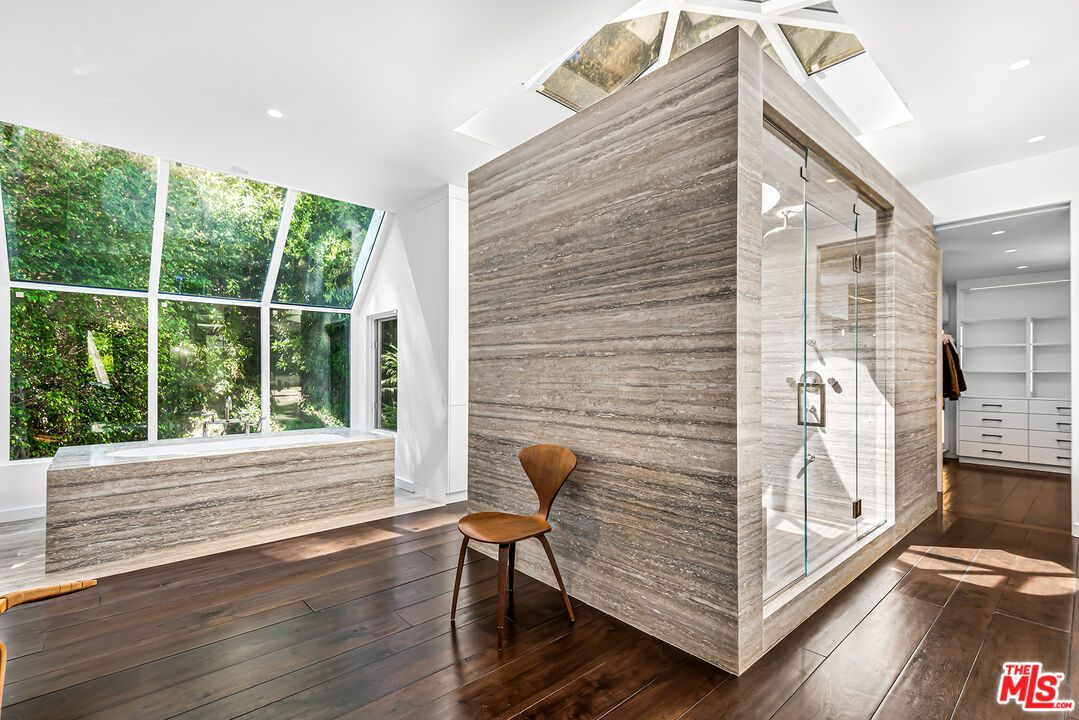 Bathroom, Glass Shower, Interior, Recessed Lighting, Wood Texture Flooring