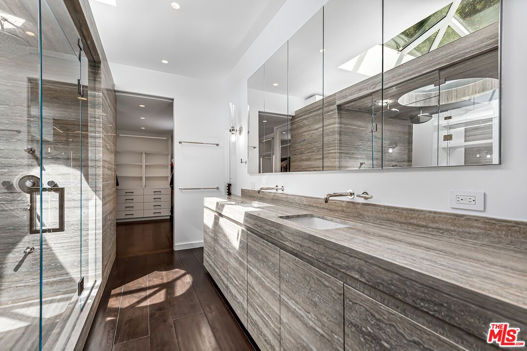 Bathroom, Dual Sink Vanities, Glass Shower, Interior, Recessed Lighting, Wood Texture Flooring