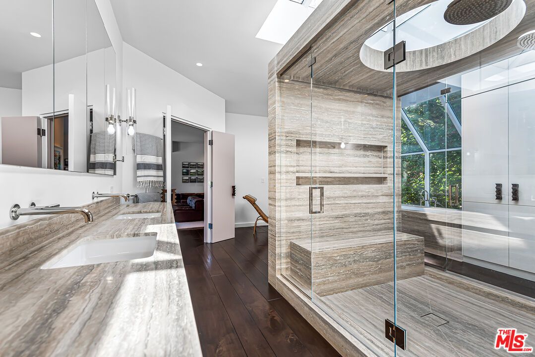Bathroom, Glass Shower, Interior, Pendant Lights, Recessed Lighting, Wood Texture Flooring