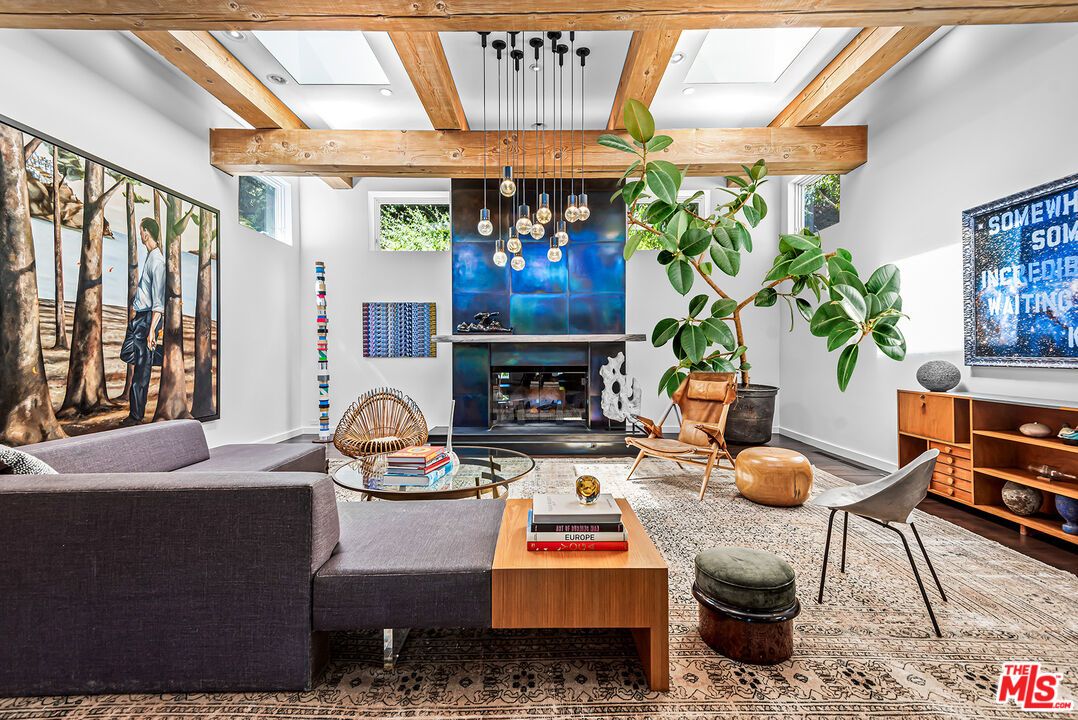 Fireplace, Interior, Living room, Pendant Lights, Wooden Beams, Wood Texture Flooring