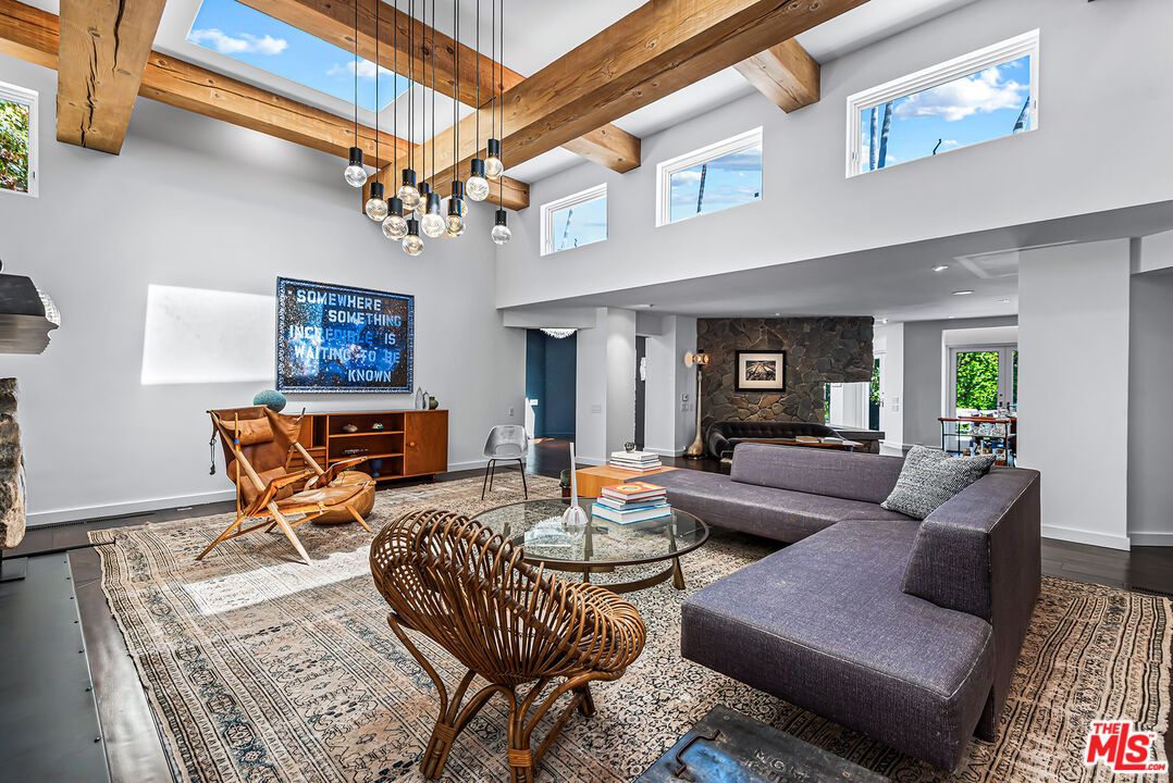 Fireplace, Interior, Living room, Pendant Lights, Recessed Lighting, Wooden Beams, Wood Texture Flooring