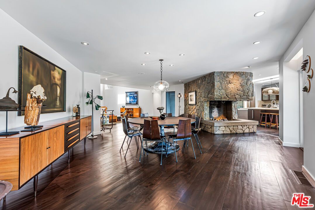 Dining room, Fireplace, Interior, Kitchen, Pendant Lights, Recessed Lighting, Wood Texture Flooring