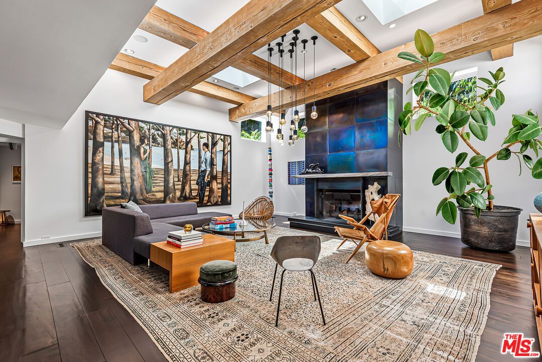 Fireplace, Interior, Living room, Pendant Lights, Recessed Lighting, Wooden Beams, Wood Texture Flooring