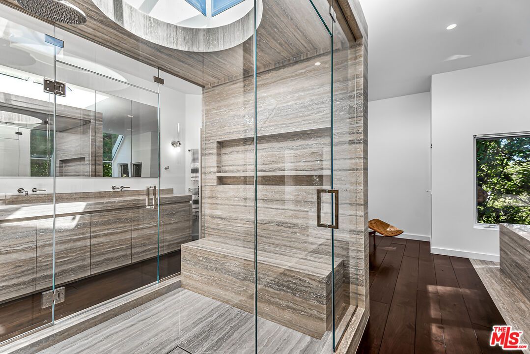 Bathroom, Glass Shower, Interior, Recessed Lighting, Wood Texture Flooring