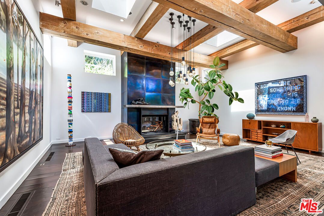 Fireplace, Interior, Living room, Pendant Lights, Recessed Lighting, Wooden Beams, Wood Texture Flooring
