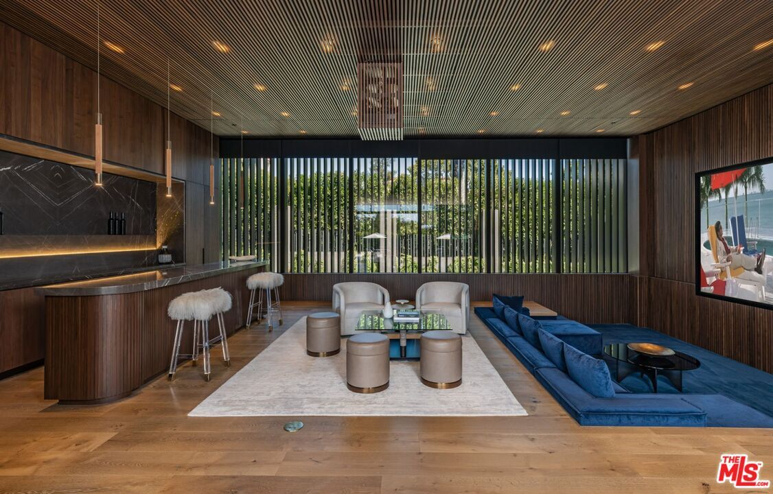 Interior, Living room, Marble Walls, Pendant Lights, Recessed Lighting, Wood Texture Flooring, Wooden Walls