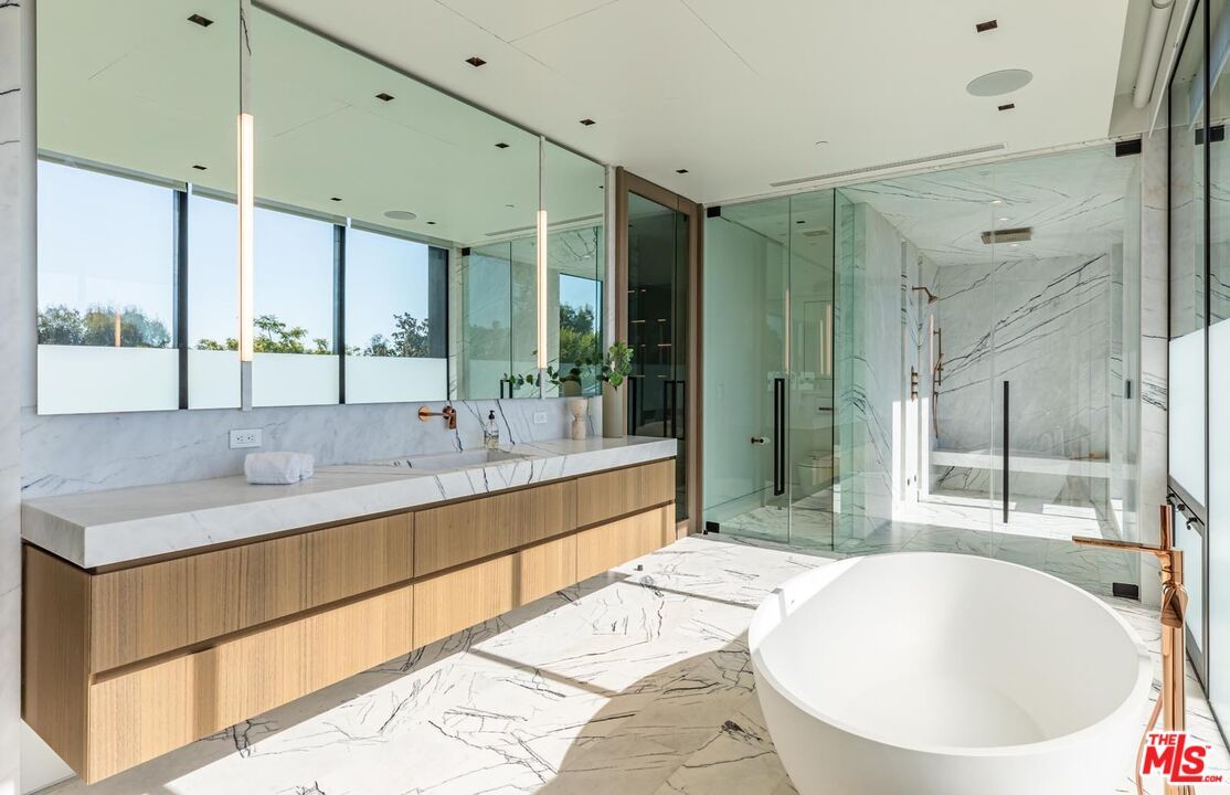 Bathroom, Free Standing Baths, Glass Shower, Interior, Marble, Marble Walls, Recessed Lighting