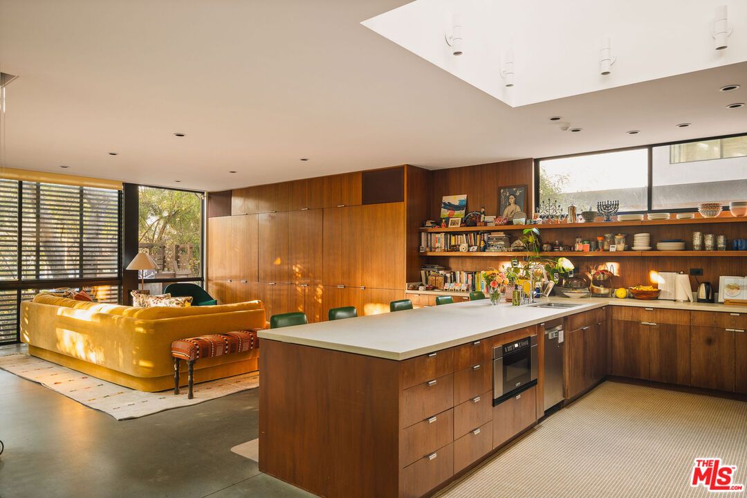Interior, Kitchen, Living room, Recessed Lighting, Stainless Steel Appliances, Wooden Walls