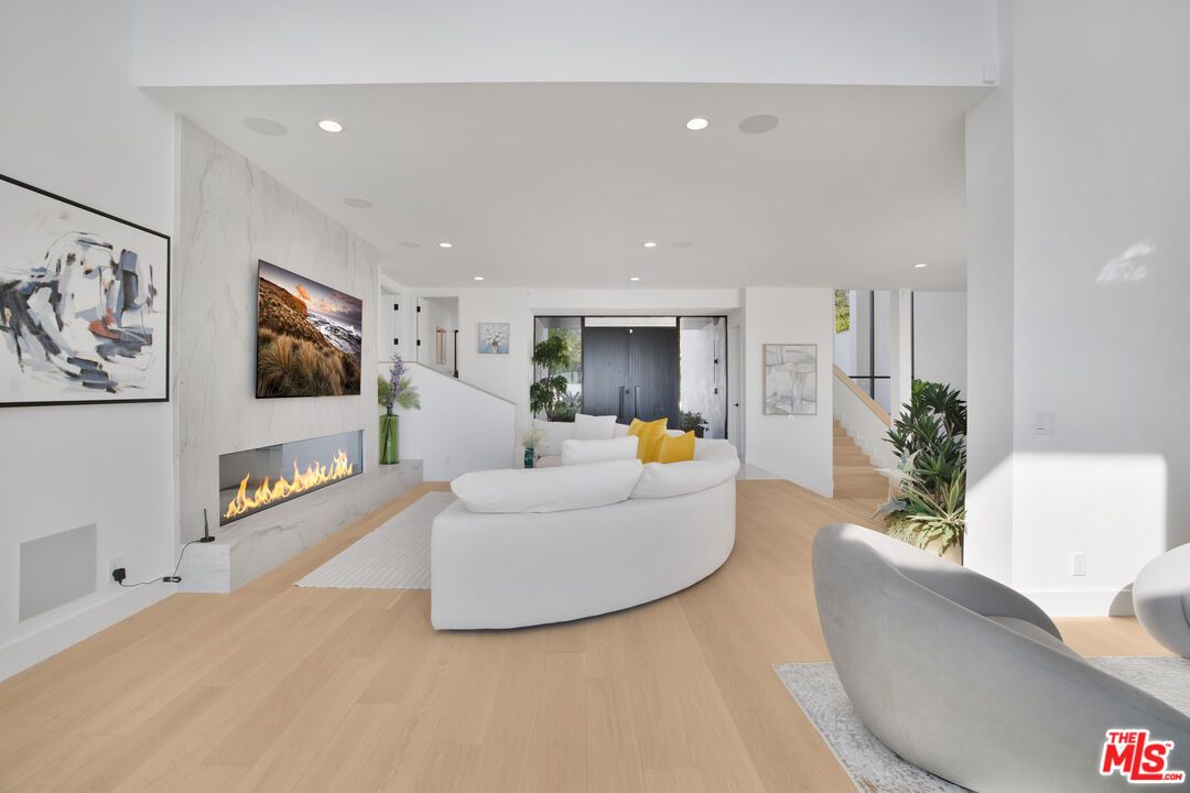 Fireplace, Interior, Living room, Recessed Lighting, Wood Texture Flooring