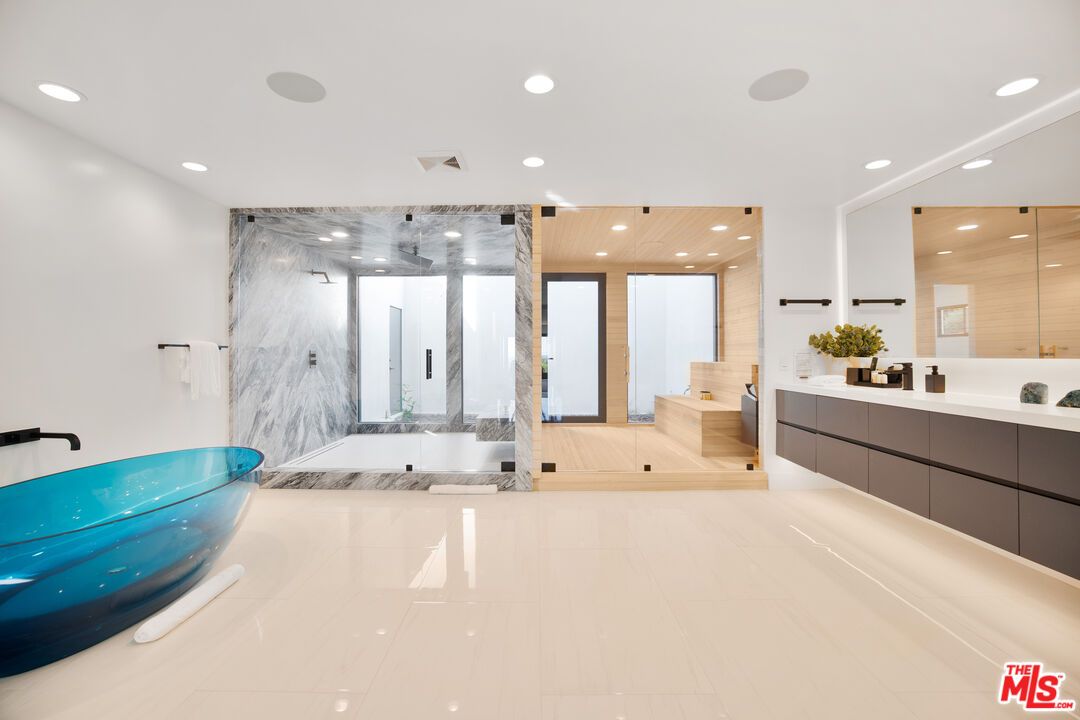 Bathroom, Dual Sink Vanities, Interior, Marble Walls, Recessed Lighting, Wooden Ceilings, Wooden Walls