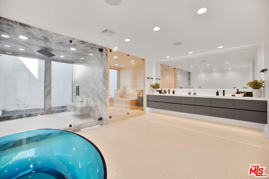 Bathroom, Dual Sink Vanities, Glass Shower, Interior, Marble Walls, Recessed Lighting