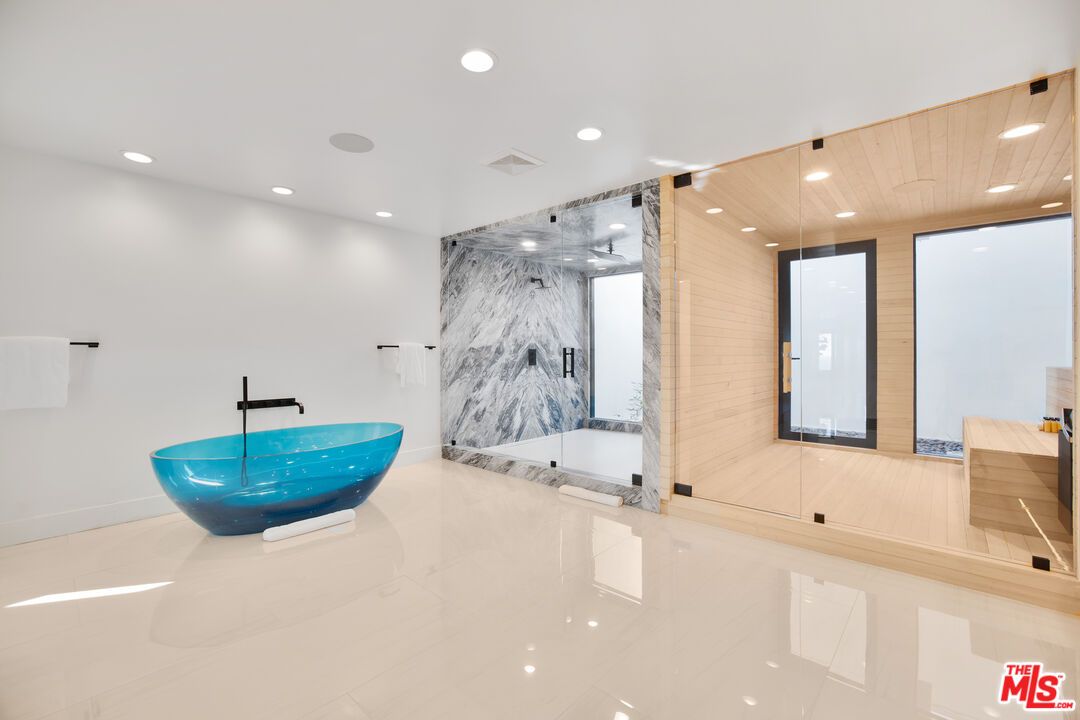 Bathroom, Glass Shower, Interior, Marble, Marble Walls, Recessed Lighting, Wooden Ceilings, Wooden Walls