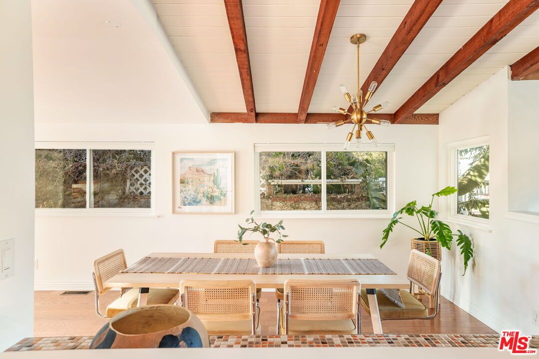 Dining room, Interior, Pendant Lights, Wooden Beams, Wood Texture Flooring