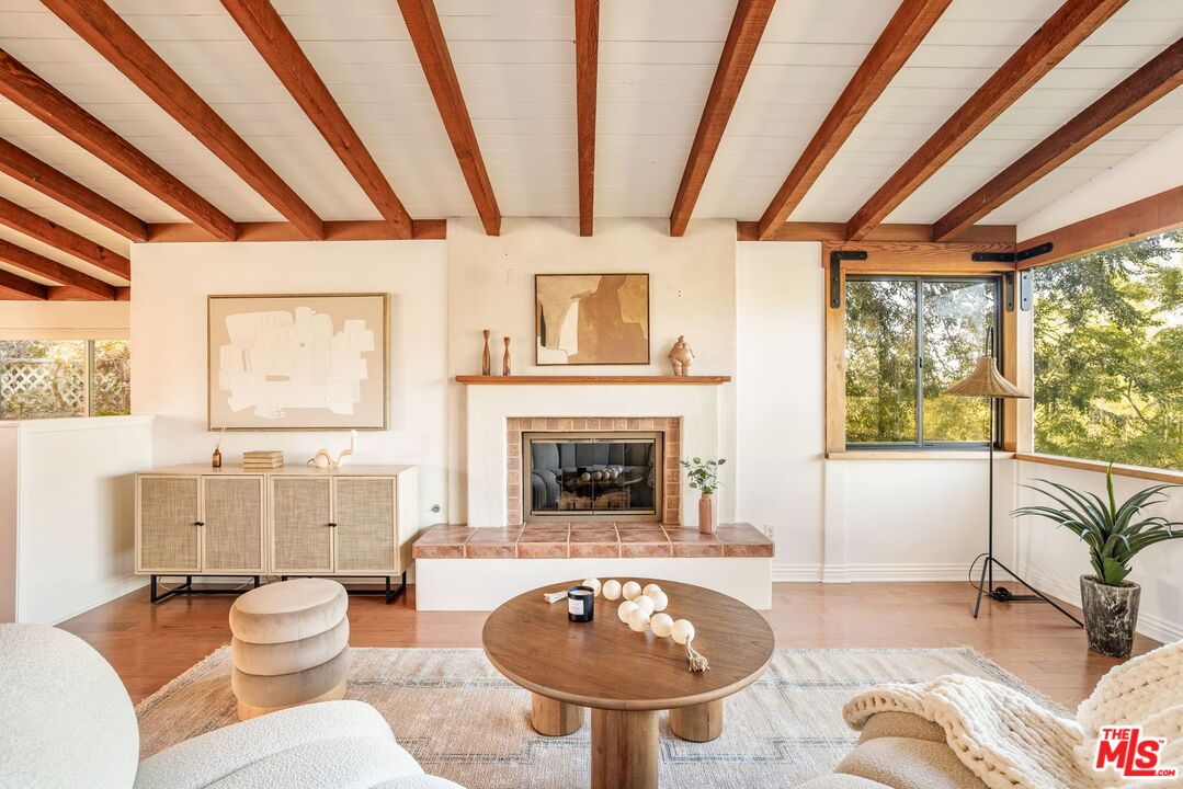 Fireplace, Interior, Living room, Wooden Beams, Wood Texture Flooring