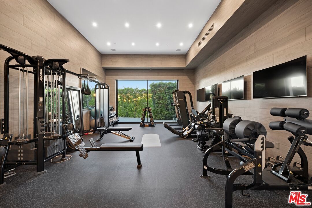 Fitness Equipment, Gym, Interior, Recessed Lighting, Wooden Walls