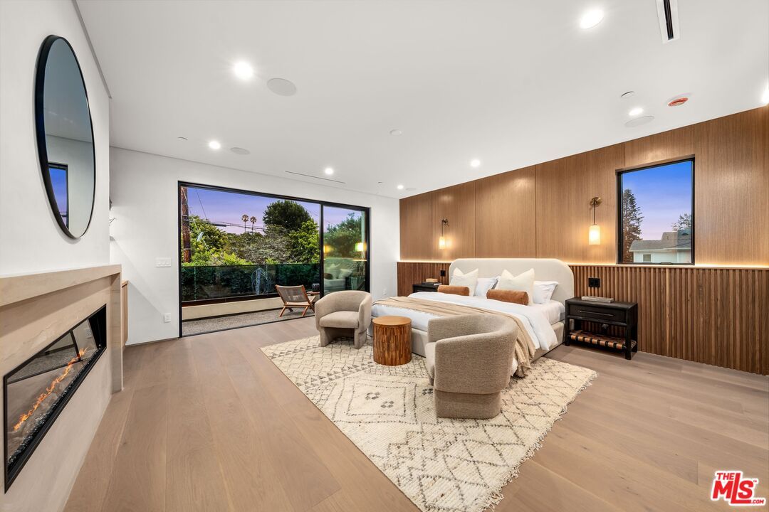 Bedroom, Fireplace, Interior, Recessed Lighting, Wood Texture Flooring, Wooden Walls