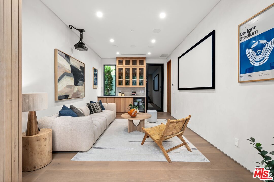 Interior, Living room, Projection Screen, Recessed Lighting, Wood Texture Flooring