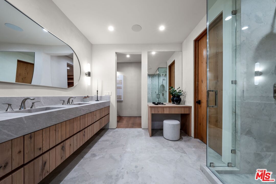 Bathroom, Dual Sink Vanities, Glass Shower, Interior, Marble, Recessed Lighting