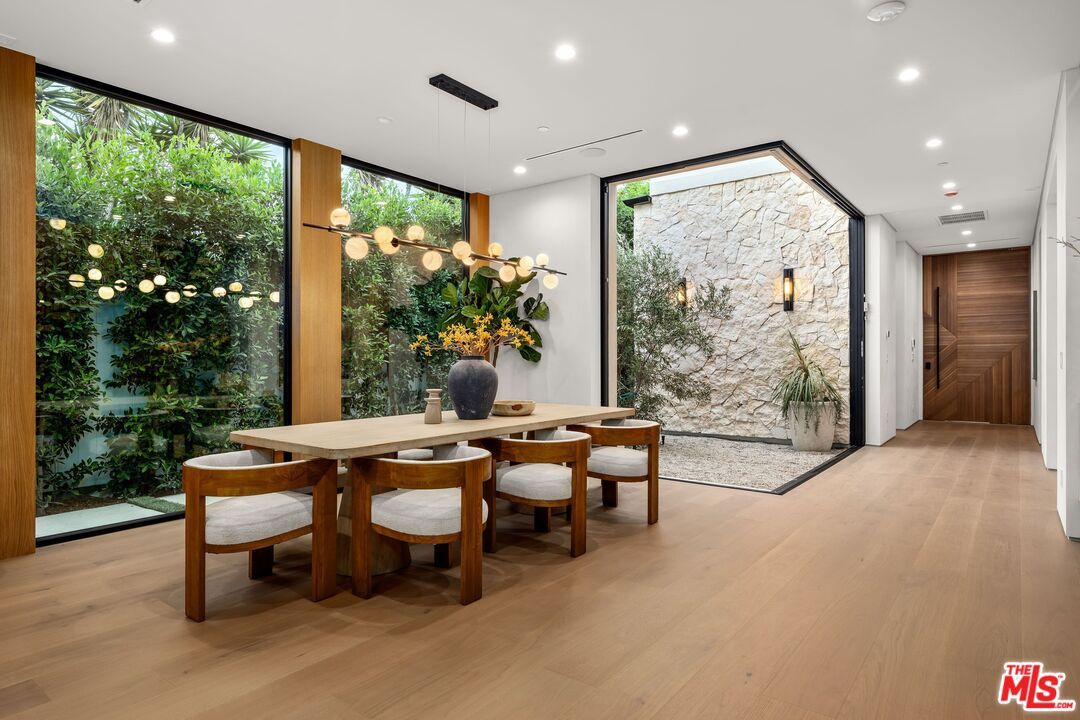Dining room, Interior, Pendant Lights, Recessed Lighting, Wood Texture Flooring