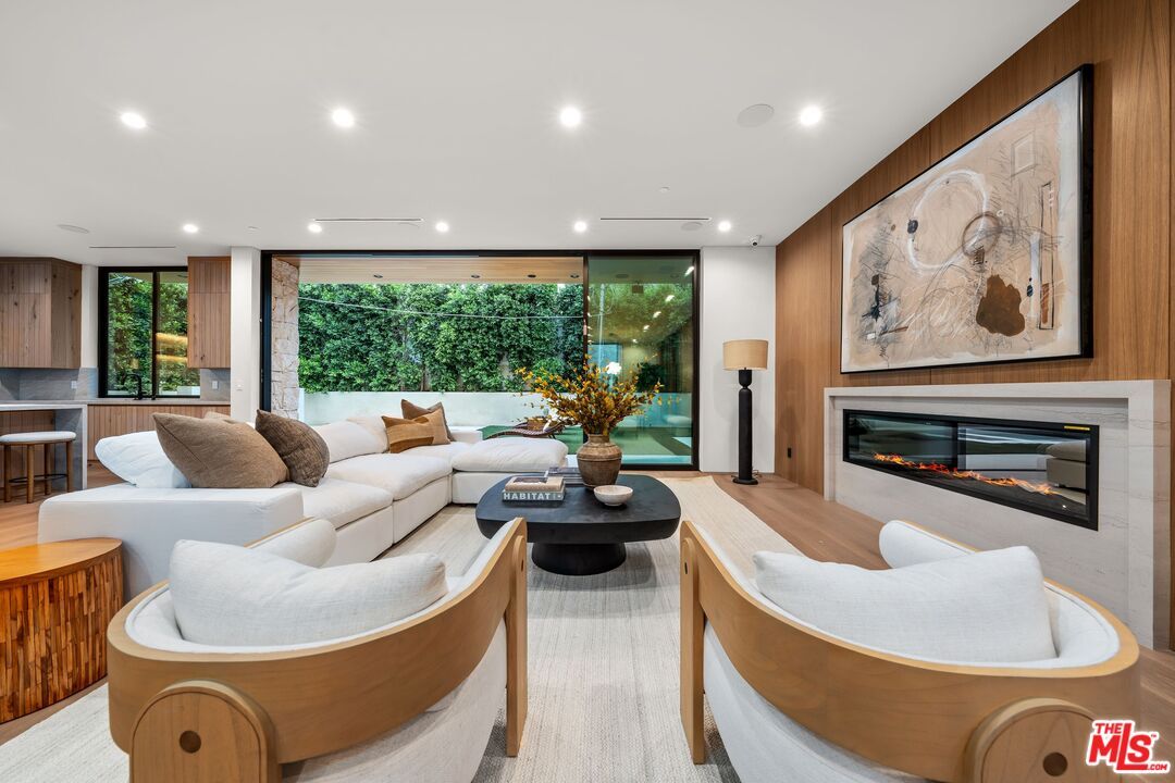 Fireplace, Interior, Living room, Recessed Lighting, Wood Texture Flooring, Wooden Walls