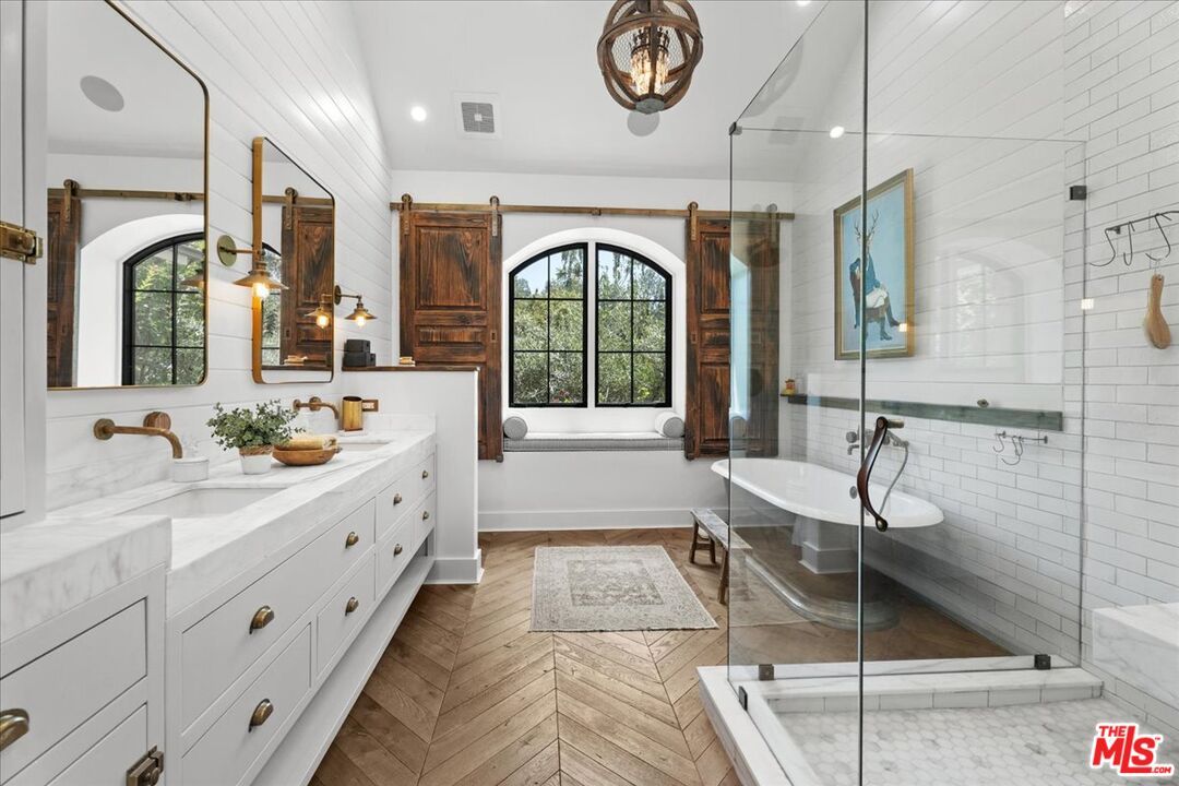 Bathroom, Dual Sink Vanities, Free Standing Baths, Glass Shower, Interior, Recessed Lighting, Wood Texture Flooring