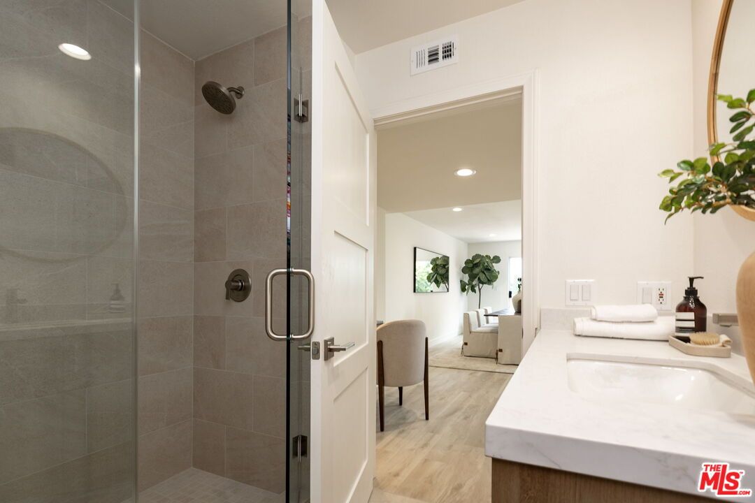 Bathroom, Glass Shower, Interior, Recessed Lighting, Wood Texture Flooring