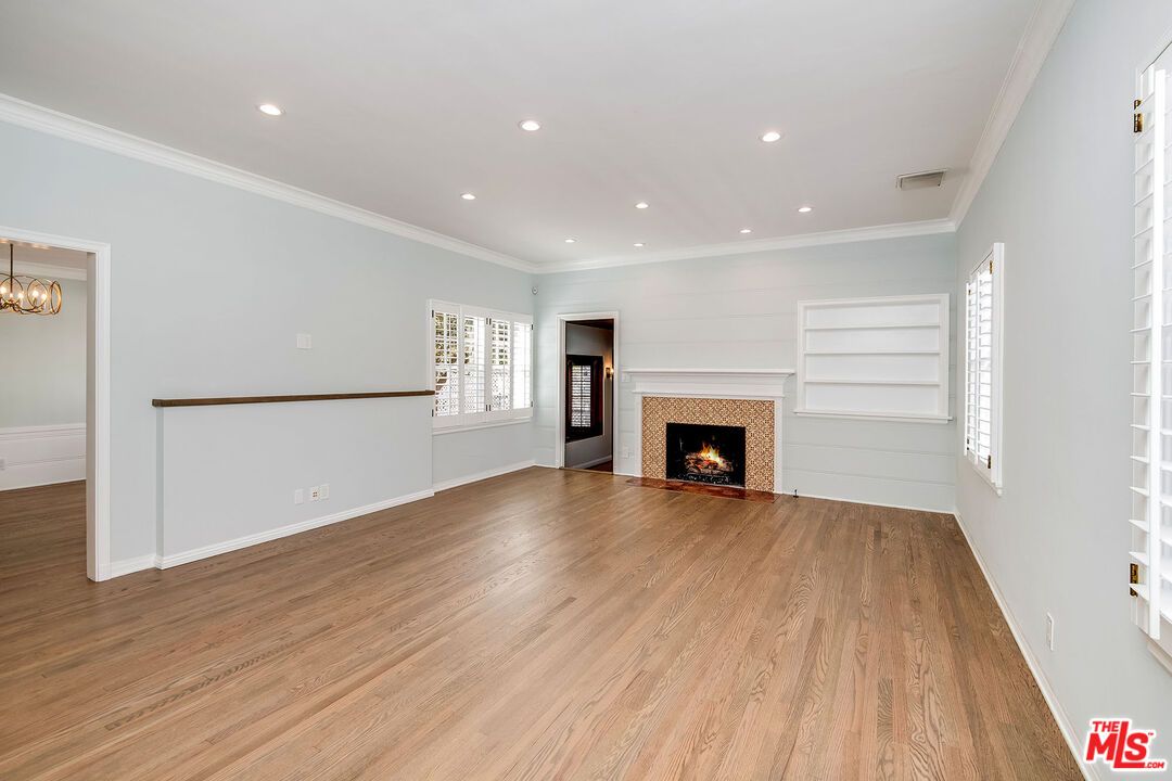 Empty room, Fireplace, Interior, Recessed Lighting, Wood Texture Flooring