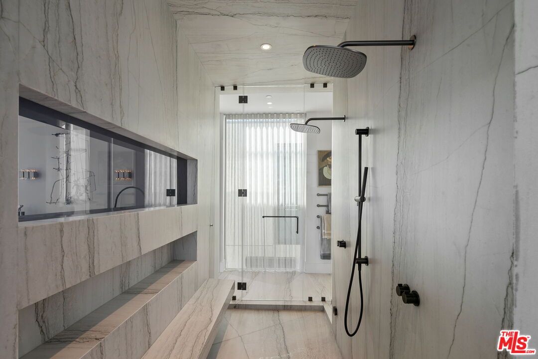 Bathroom, Glass Shower, Interior, Marble Walls, Recessed Lighting