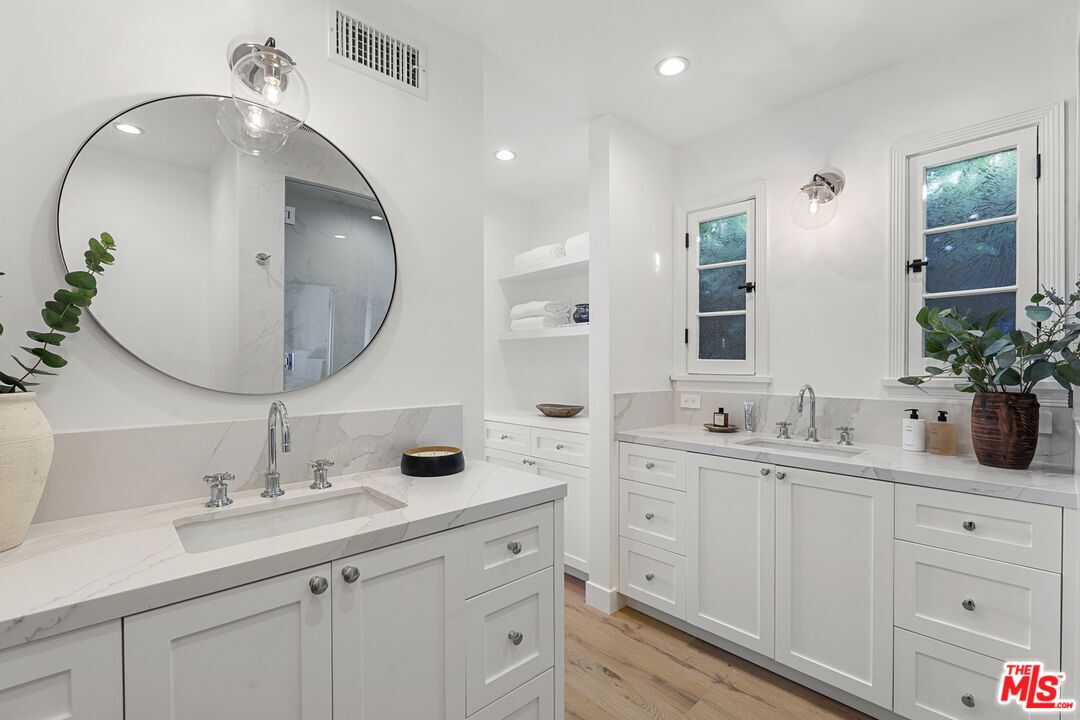 Bathroom, Dual Sink Vanities, Interior, Recessed Lighting, Wood Texture Flooring