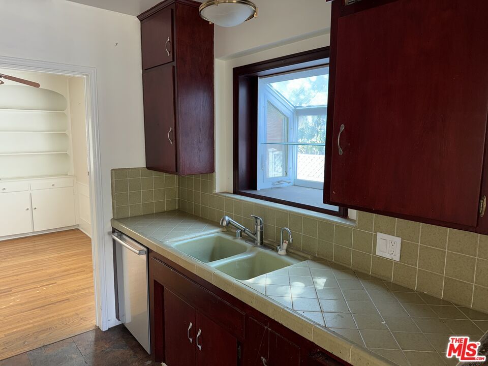 Interior, Kitchen, Tile Countertops, Wood Texture Flooring