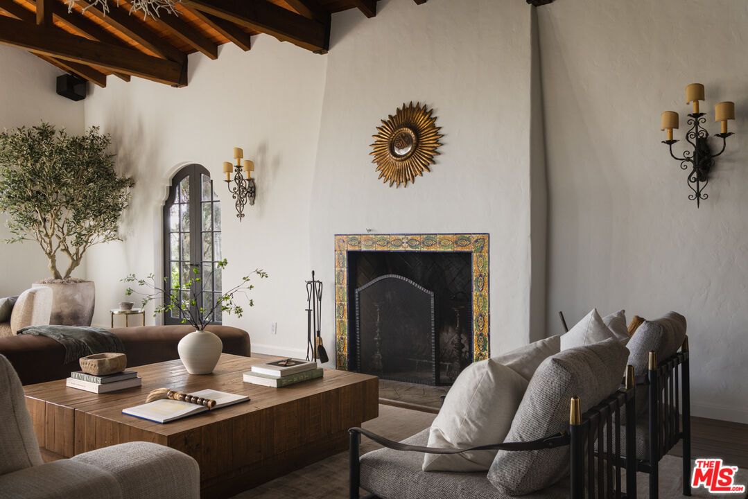 Fireplace, Home Office, Interior, Living room, Wooden Beams, Wood Texture Flooring