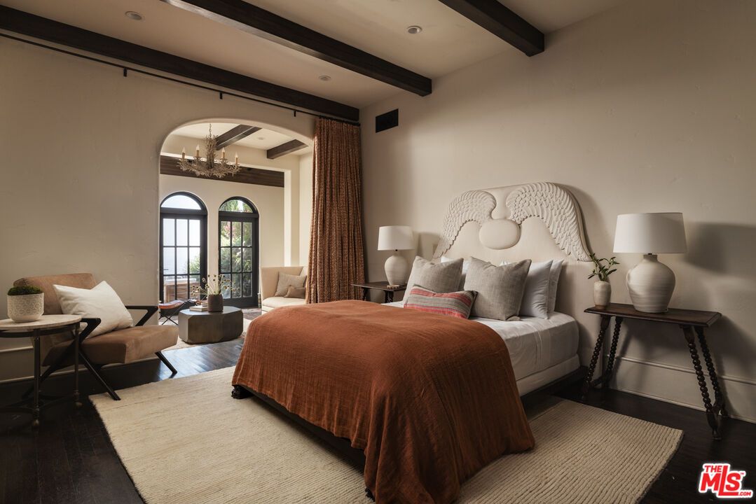 Bedroom, Chandelier, Interior, Recessed Lighting, Wooden Beams, Wood Texture Flooring