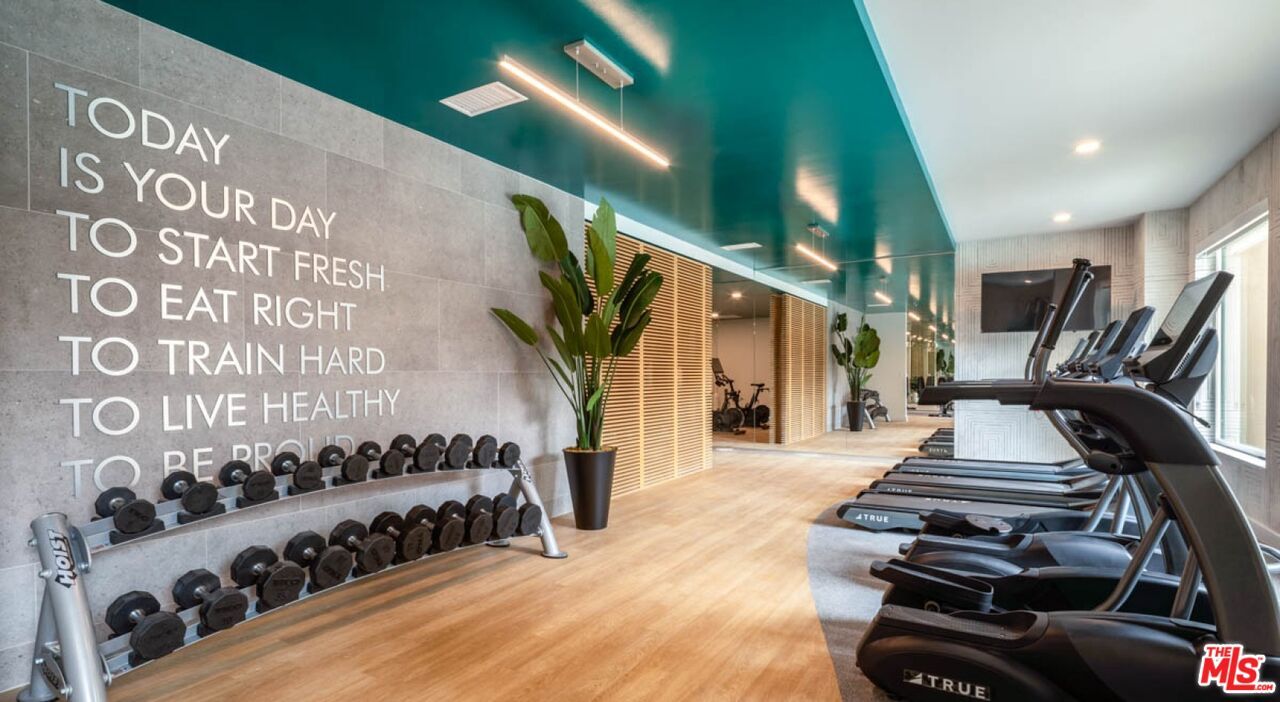 Fitness Equipment, Gym, Interior, Recessed Lighting, Wood Texture Flooring