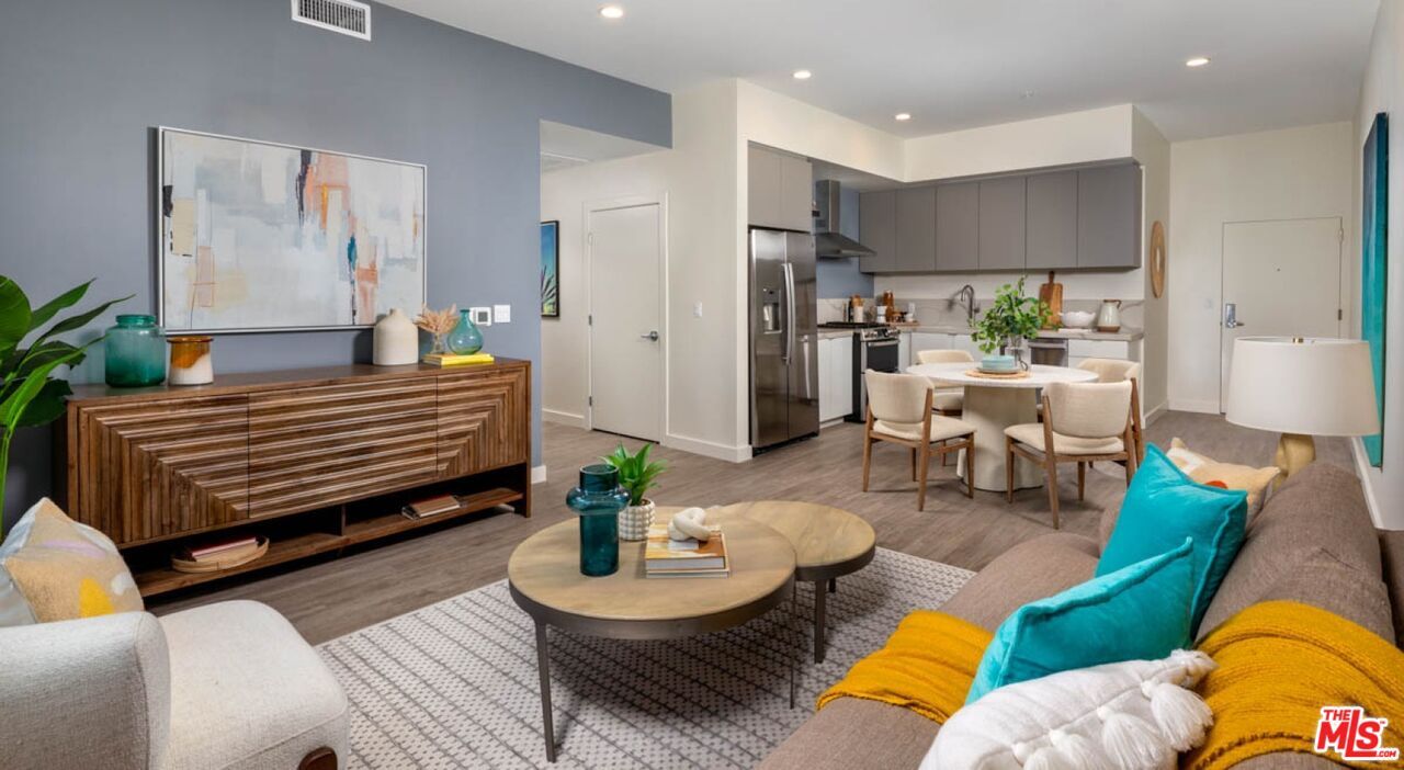 Dining room, Interior, Kitchen, Living room, Recessed Lighting, Stainless Steel Appliances, Wood Texture Flooring