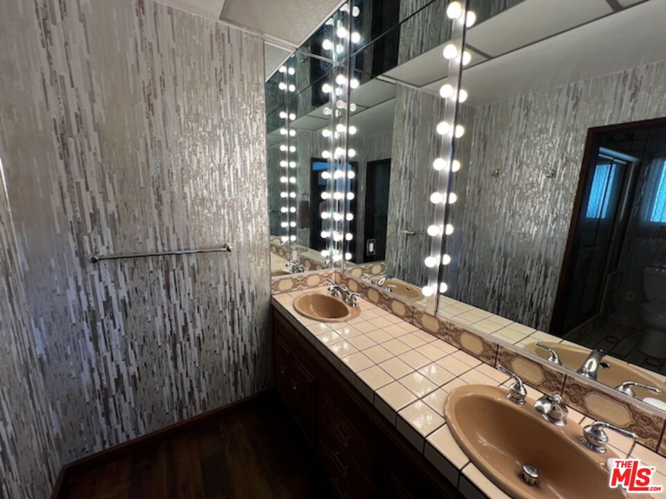 Bathroom, Dual Sink Vanities, Interior, Tile Countertops, Wood Texture Flooring