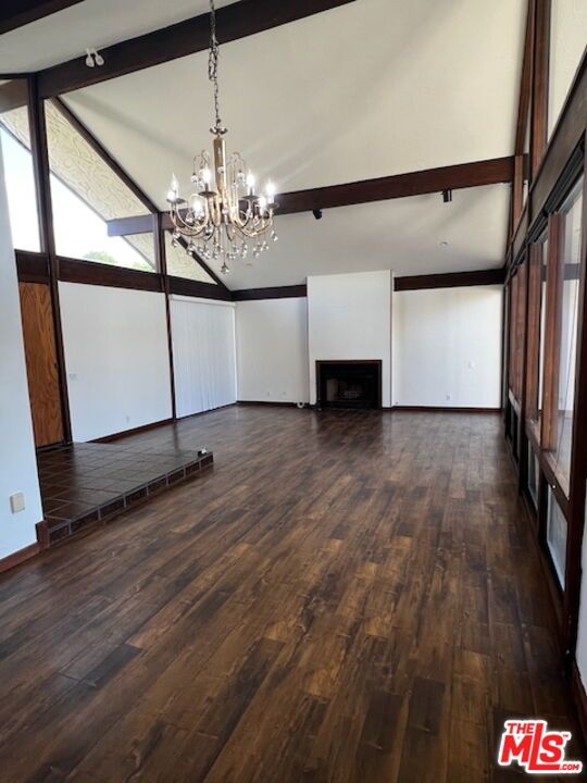 Chandelier, Empty room, Fireplace, Interior, Wooden Beams, Wood Texture Flooring
