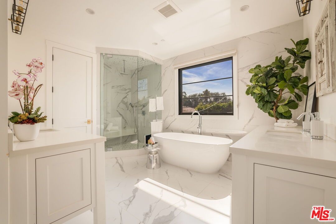 Bathroom, Free Standing Baths, Glass Shower, Interior, Marble, Marble Walls, Recessed Lighting