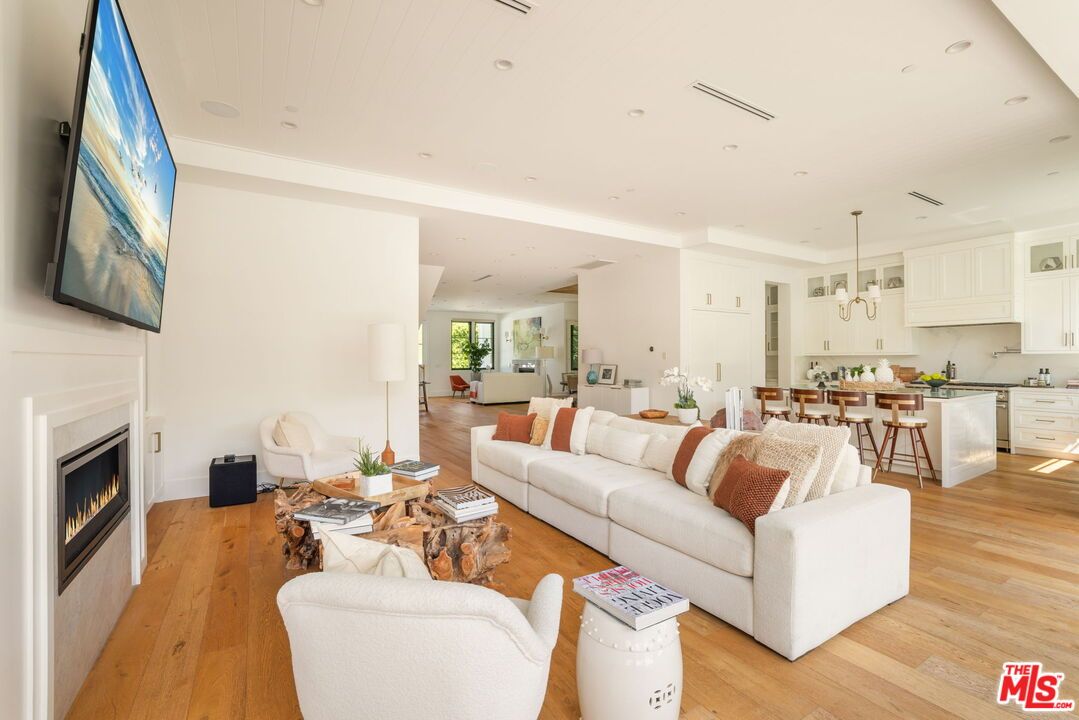 Dining room, Fireplace, Interior, Kitchen, Living room, Pendant Lights, Recessed Lighting, Wood Texture Flooring