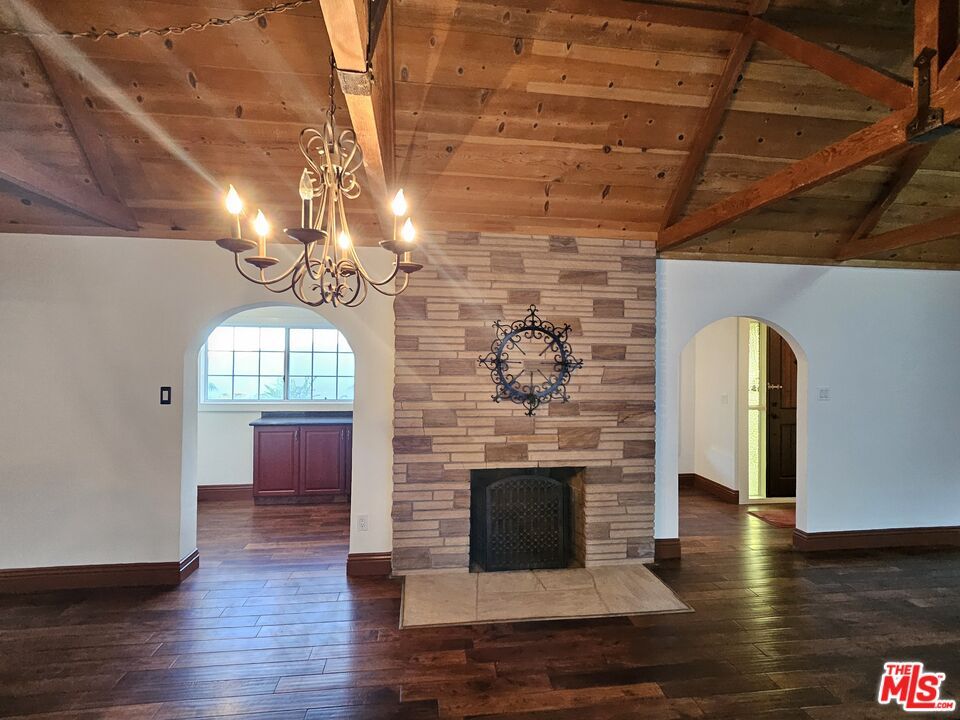 Chandelier, Empty room, Fireplace, Interior, Wooden Beams, Wooden Ceilings, Wood Texture Flooring