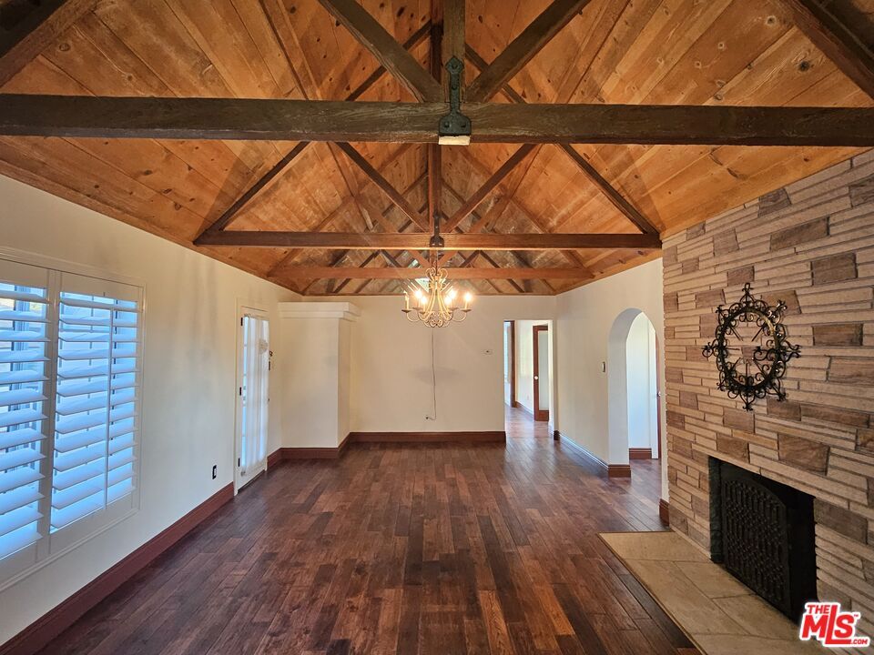 Chandelier, Empty room, Fireplace, Interior, Pendant Lights, Wooden Beams, Wooden Ceilings, Wood Texture Flooring