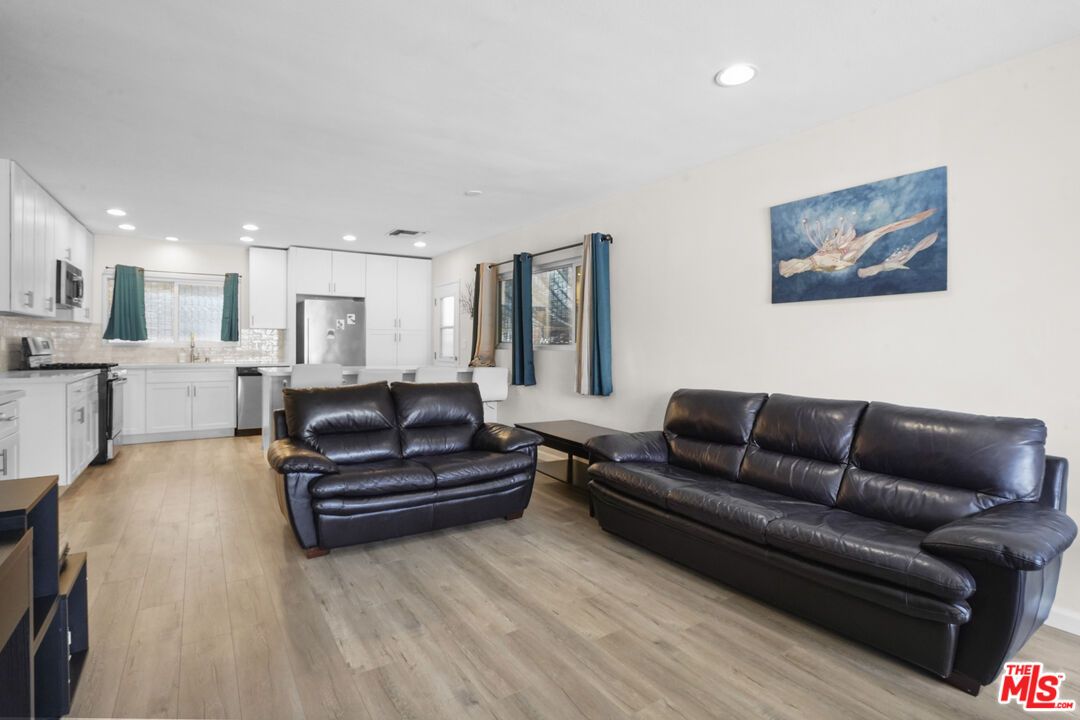 Interior, Kitchen, Living room, Recessed Lighting, Stainless Steel Appliances, Wood Texture Flooring