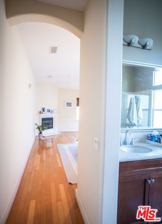 Bathroom, Fireplace, Interior, Recessed Lighting, Wood Texture Flooring
