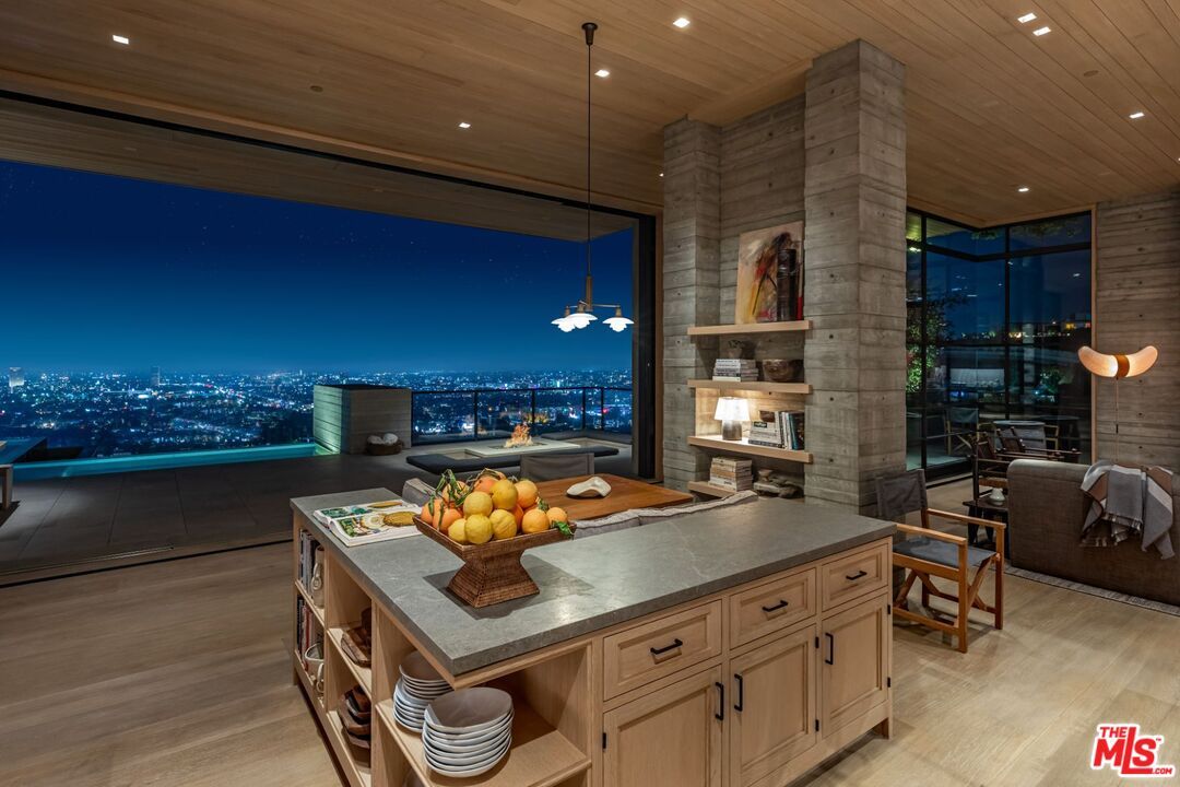 Fireplace, Interior, Kitchen, Pendant Lights, Recessed Lighting, Wooden Ceilings, Wood Texture Flooring