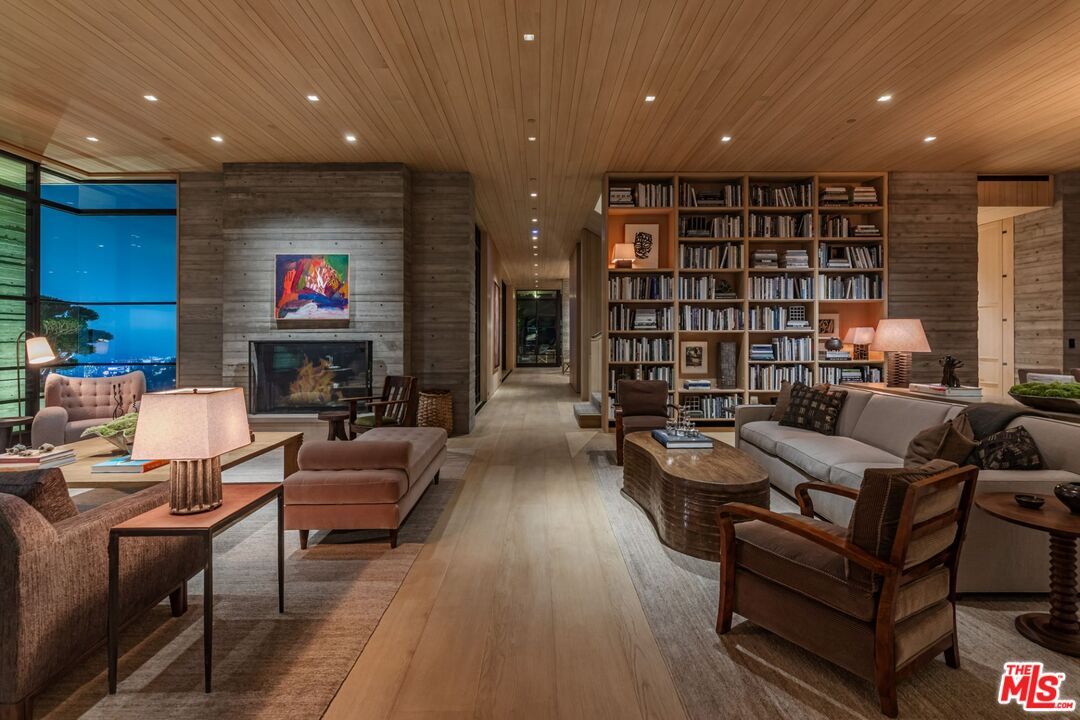 Fireplace, Interior, Living room, Recessed Lighting, Stone Walls, Wooden Ceilings, Wood Texture Flooring, Wooden Walls