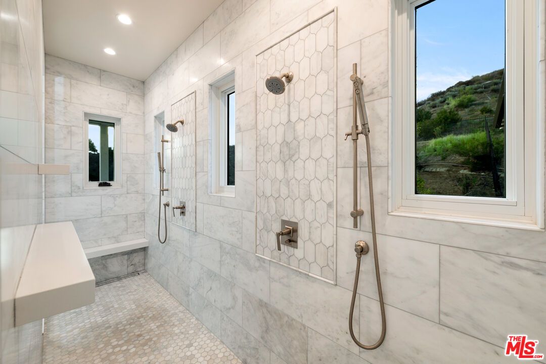 Bathroom, Glass Shower, Interior, Marble Walls, Recessed Lighting