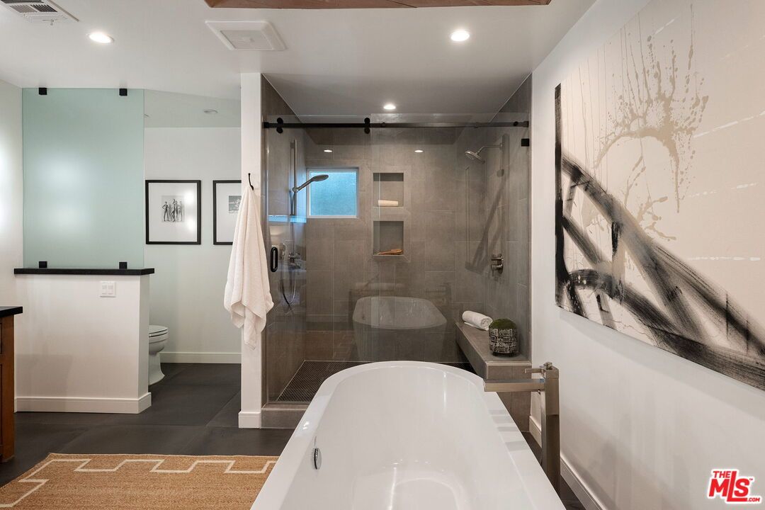 Bathroom, Free Standing Baths, Glass Shower, Interior, Recessed Lighting