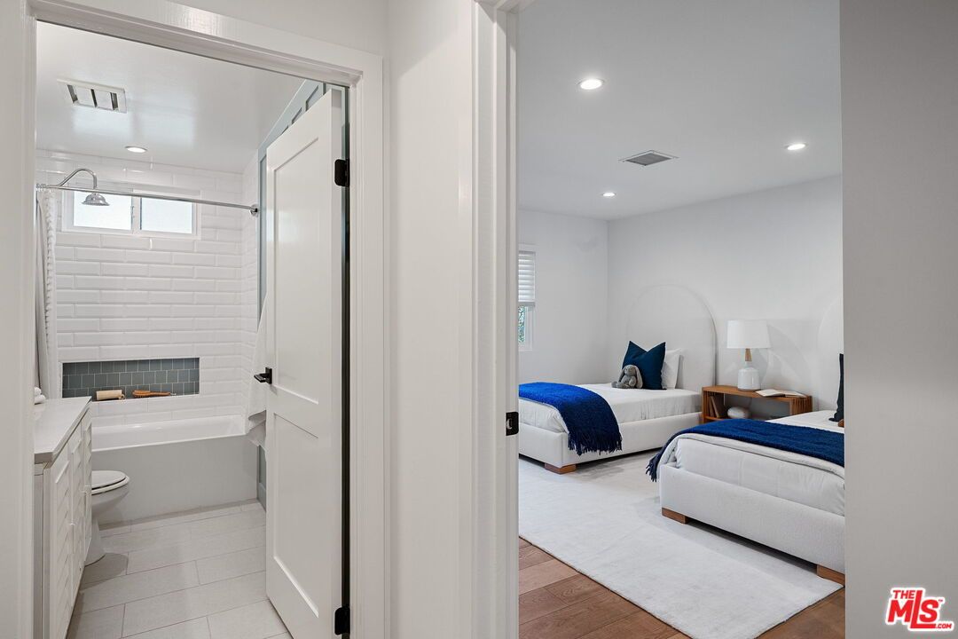 Bathroom, Bedroom, Fireplace, Interior, Recessed Lighting, Wood Texture Flooring