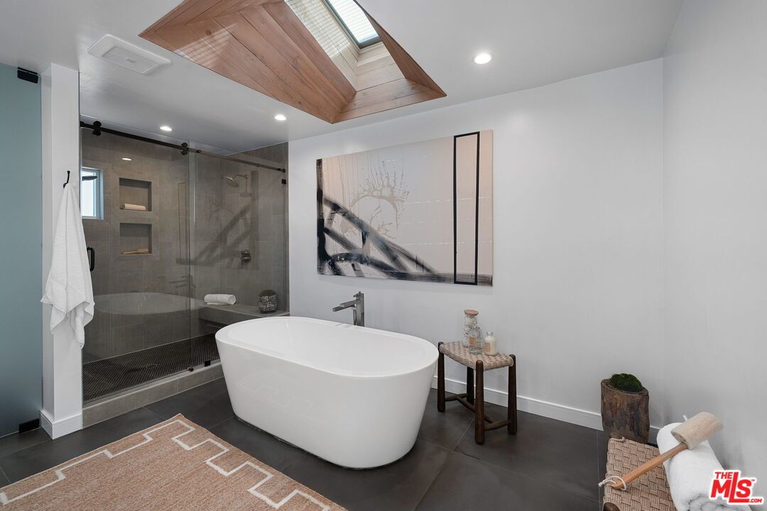 Bathroom, Free Standing Baths, Glass Shower, Interior, Recessed Lighting, Wooden Ceilings