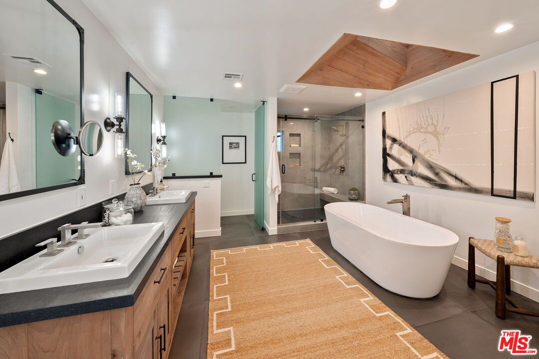 Bathroom, Dual Sink Vanities, Free Standing Baths, Glass Shower, Interior, Recessed Lighting, Wooden Ceilings