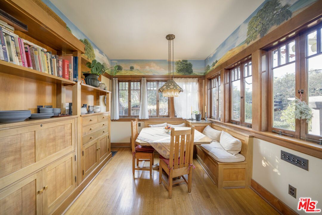 Dining room, Interior, Pendant Lights, Wood Texture Flooring